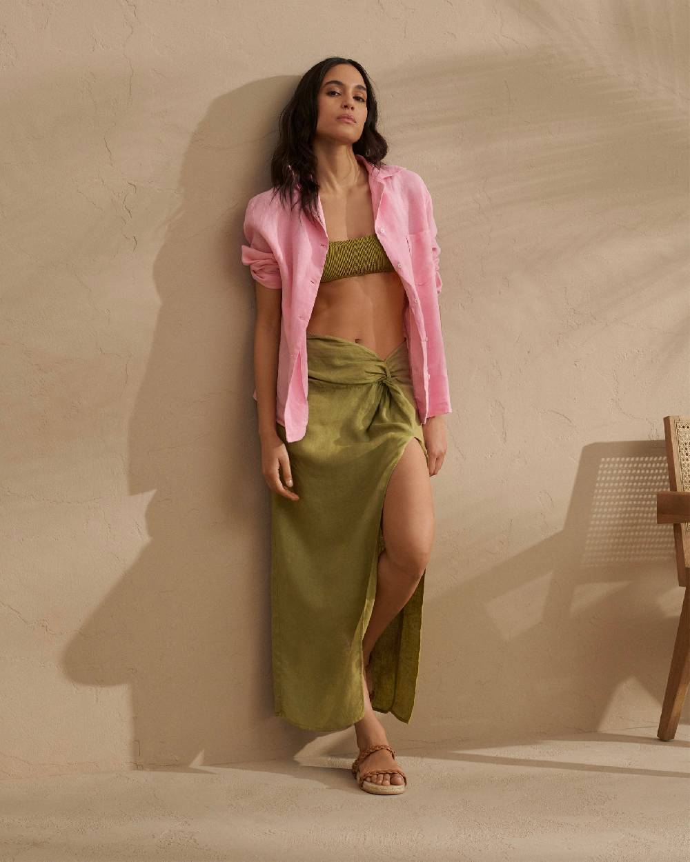 Manebí Linen Trancoso Skirt - With Lateral Slit Kaki Green Fino Al -60%