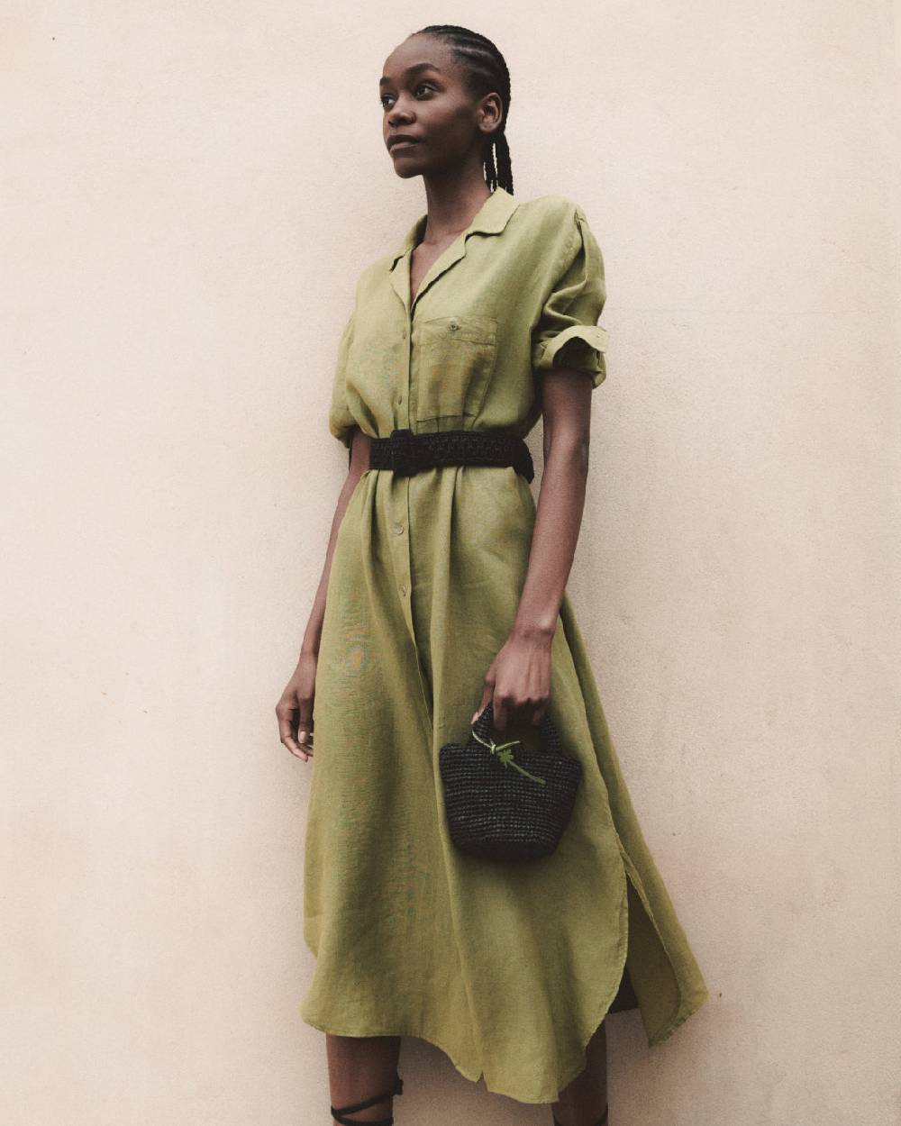 Manebí Linen Portofino Dress - Chemisier Style Kaki Green