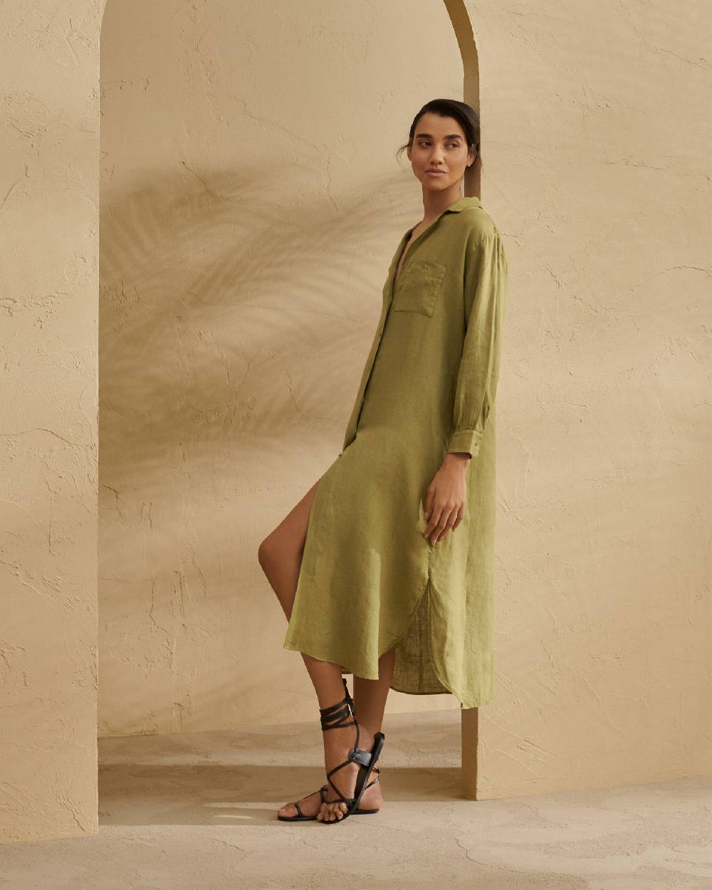 Manebí Linen Portofino Dress - Chemisier Style Kaki Green Online