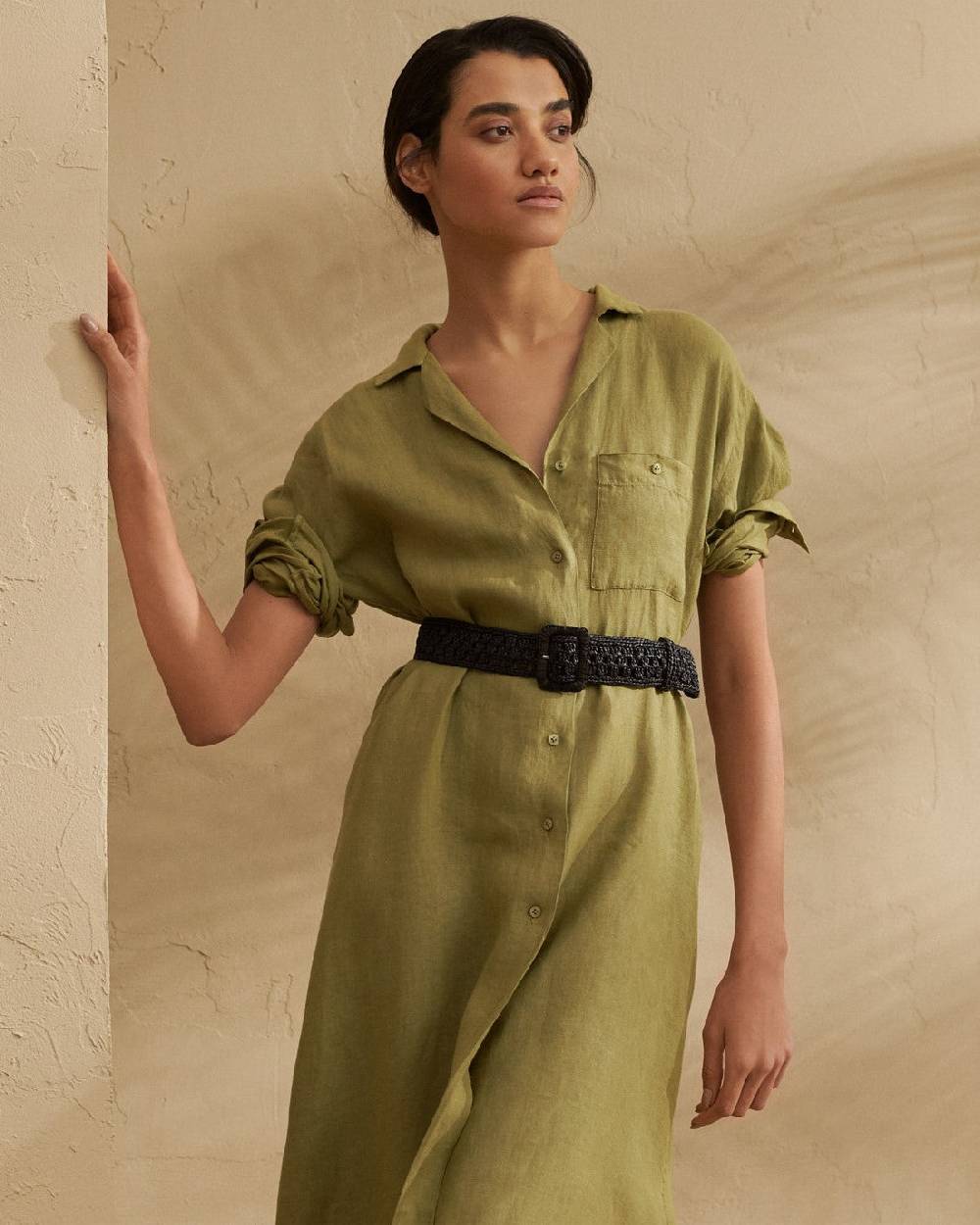 Manebí Linen Portofino Dress - Chemisier Style Kaki Green Online