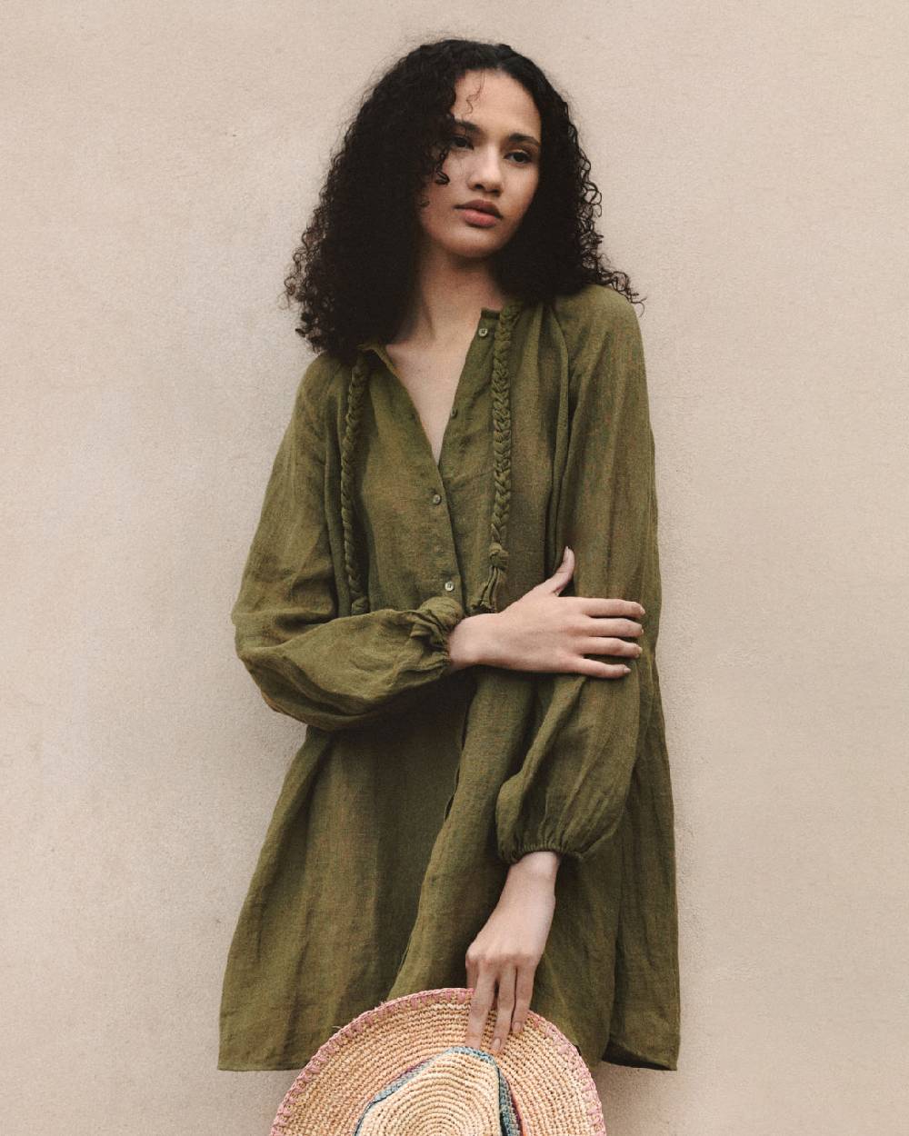Manebí Linen Gauze Ibiza Dress - Hand Braided Cord Kaki Green