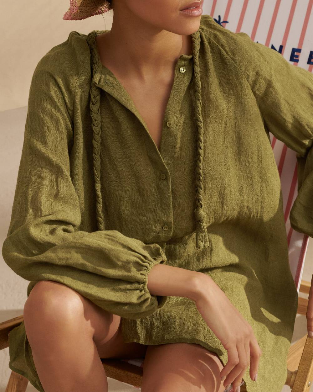 Manebí Linen Gauze Ibiza Dress - Hand Braided Cord Kaki Green Outlet