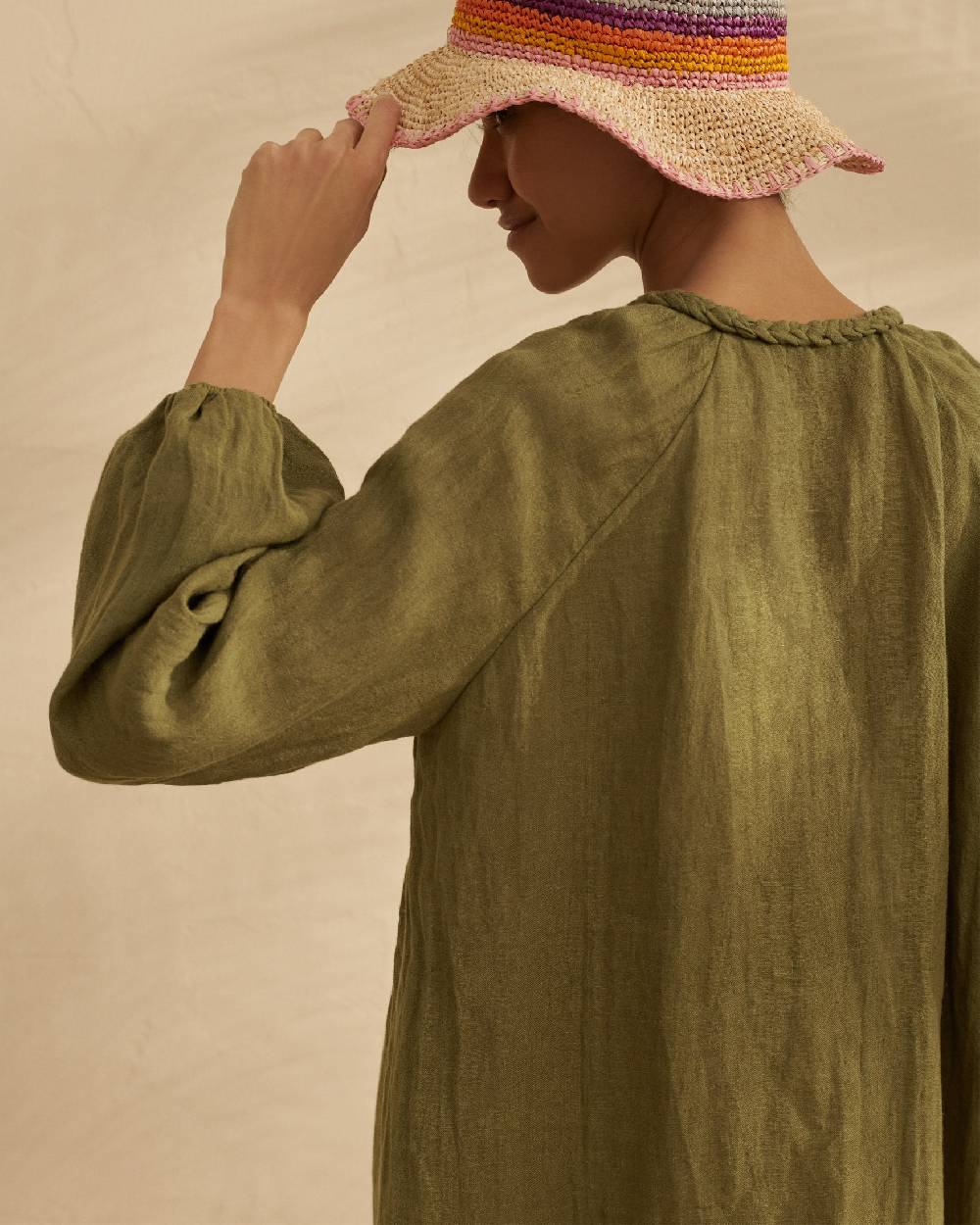 Manebí Linen Gauze Ibiza Dress - Hand Braided Cord Kaki Green Outlet