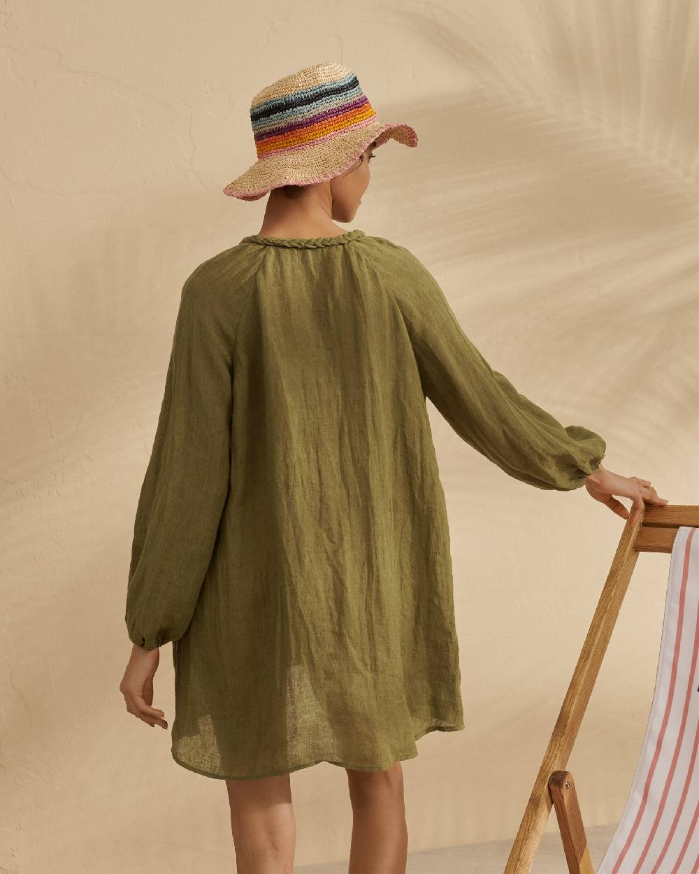 Manebí Linen Gauze Ibiza Dress - Hand Braided Cord Kaki Green Outlet