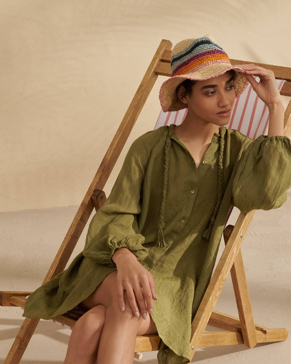Manebí Linen Gauze Ibiza Dress - Hand Braided Cord Kaki Green Outlet