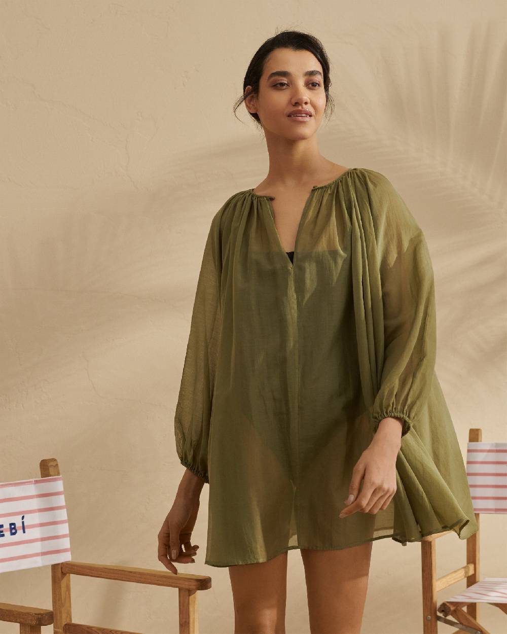 Manebí Silk Cotton Voile|Minorca Dress - Slim Waist Tie Belt Kaki Green In Vendita
