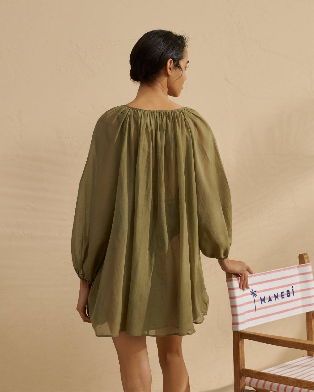 Manebí Silk Cotton Voile|Minorca Dress - Slim Waist Tie Belt Kaki Green In Vendita