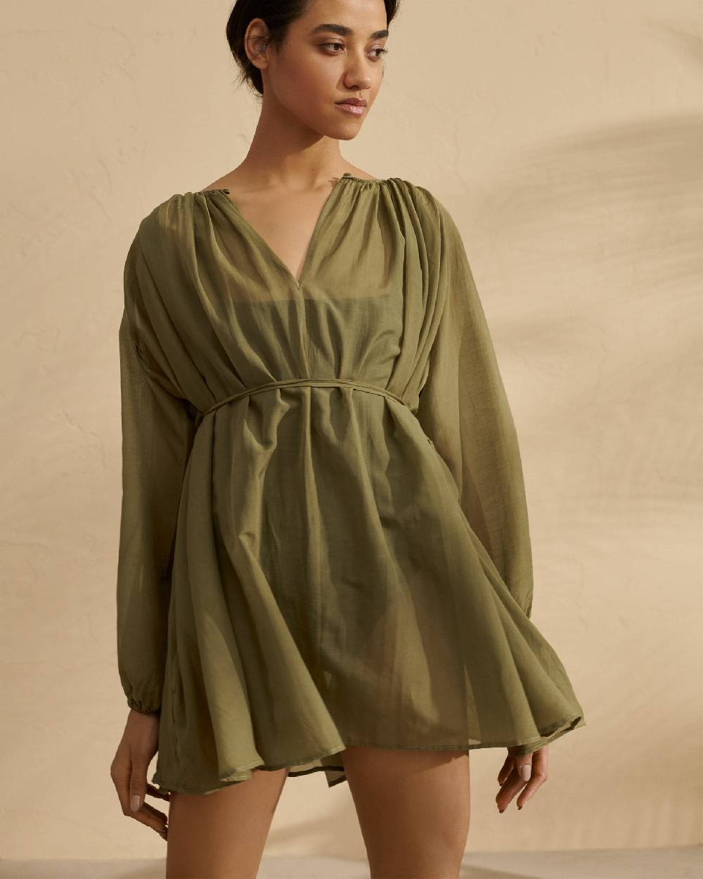 Manebí Silk Cotton Voile|Minorca Dress - Slim Waist Tie Belt Kaki Green In Vendita