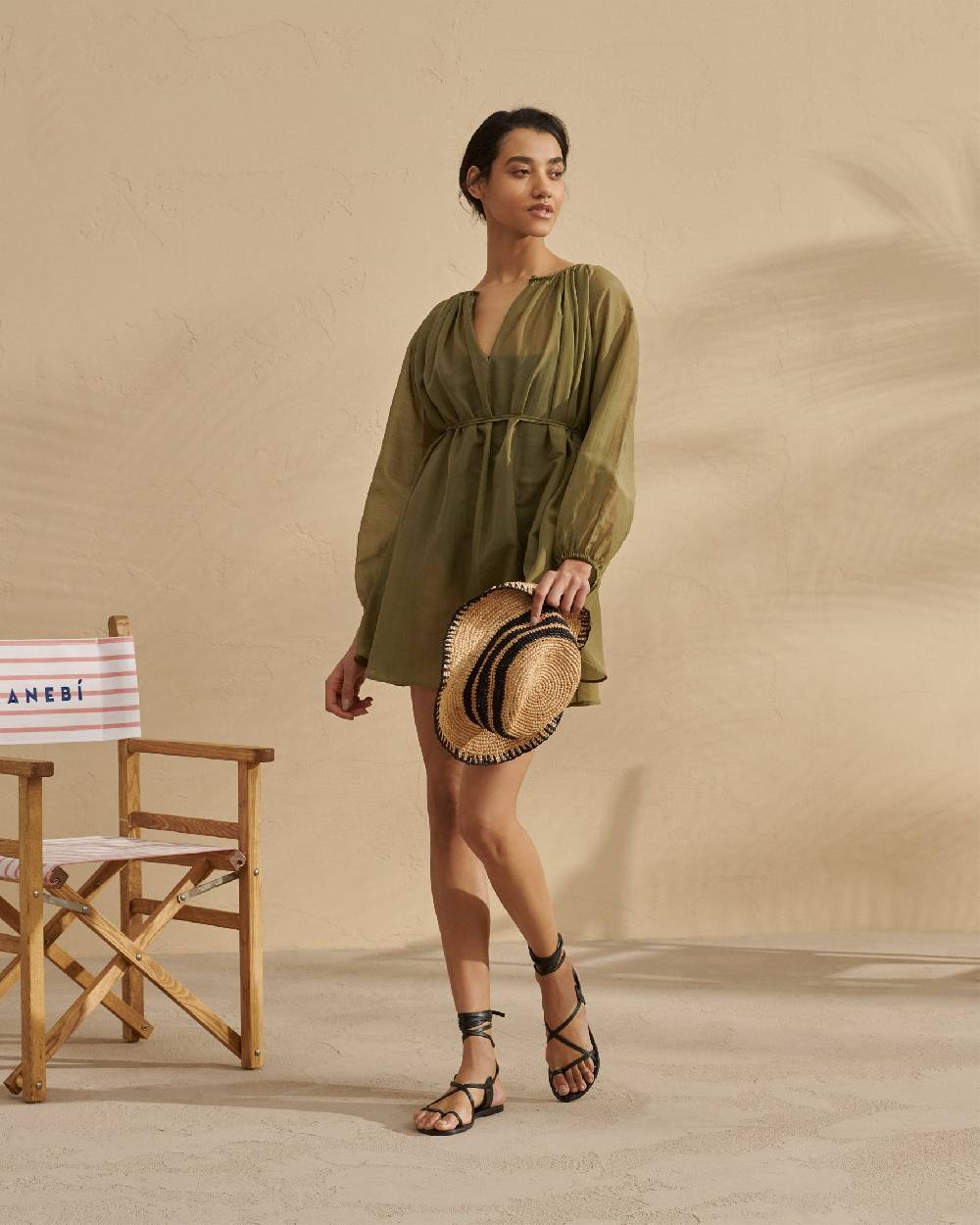 Manebí Silk Cotton Voile|Minorca Dress - Slim Waist Tie Belt Kaki Green In Vendita