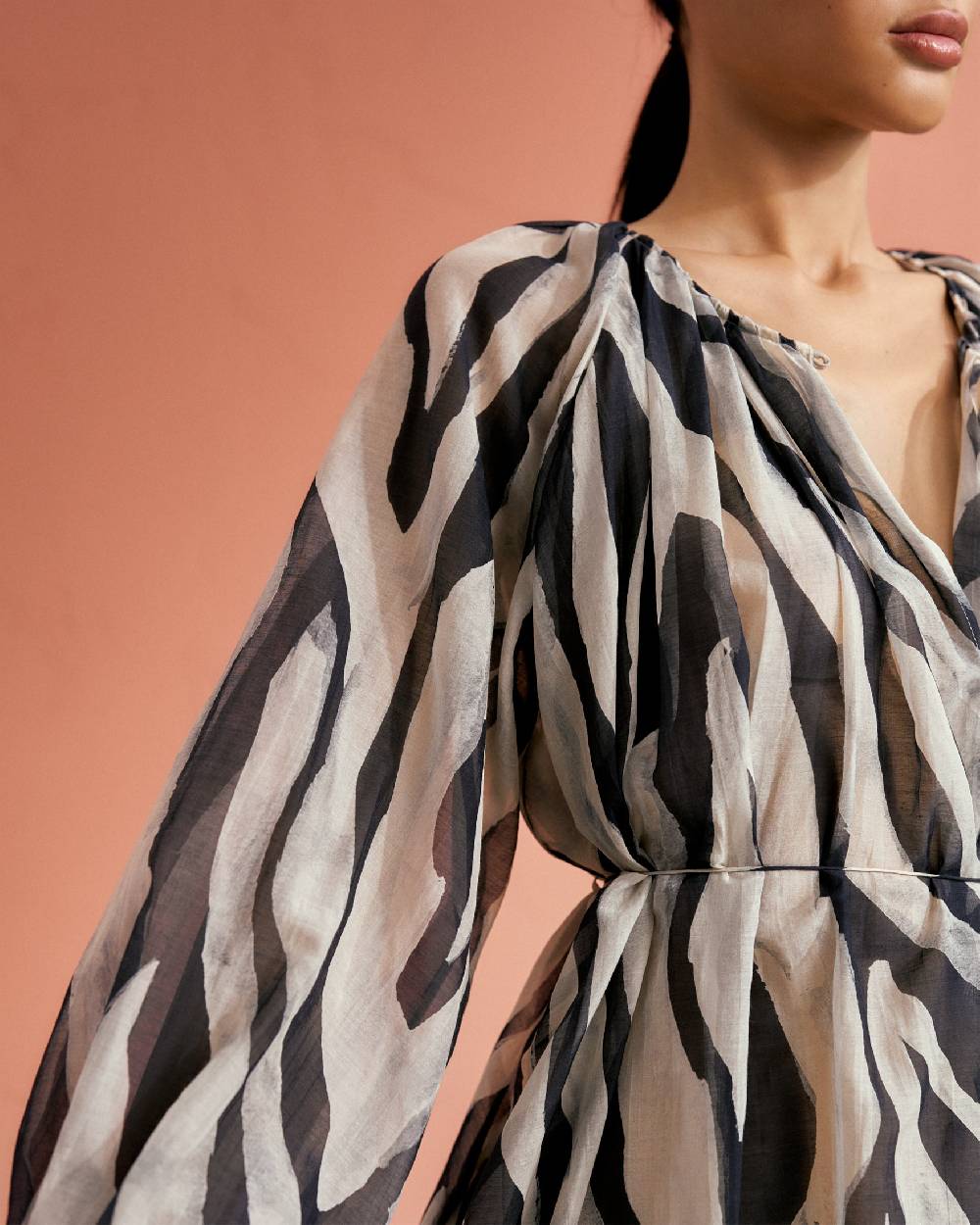 Manebí Printed Cotton Silk Voile|Minorca Dress - Slim Waist Tie Belt Black Off White Maxi Zebra Offerte