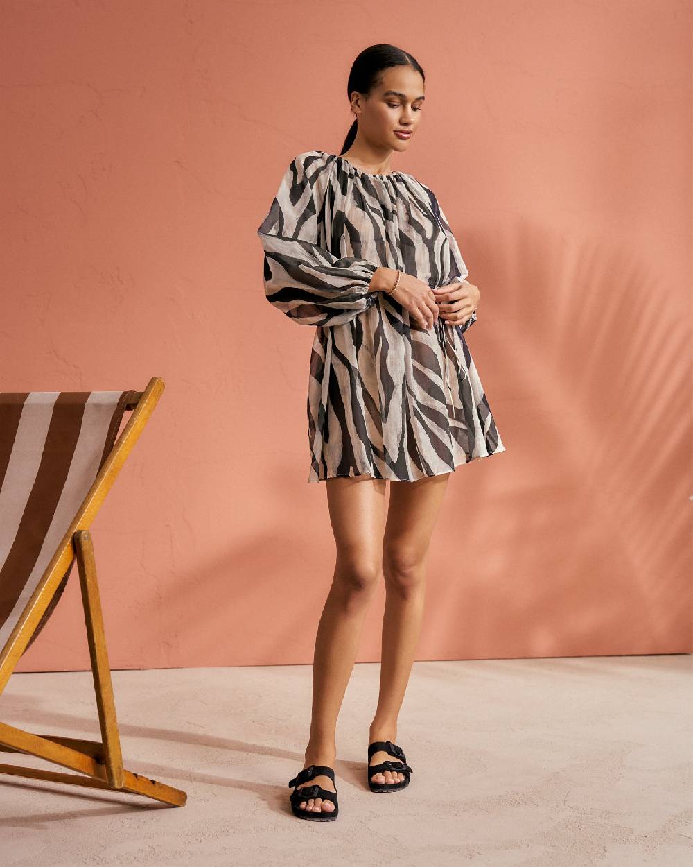 Manebí Printed Cotton Silk Voile|Minorca Dress - Slim Waist Tie Belt Black Off White Maxi Zebra Offerte