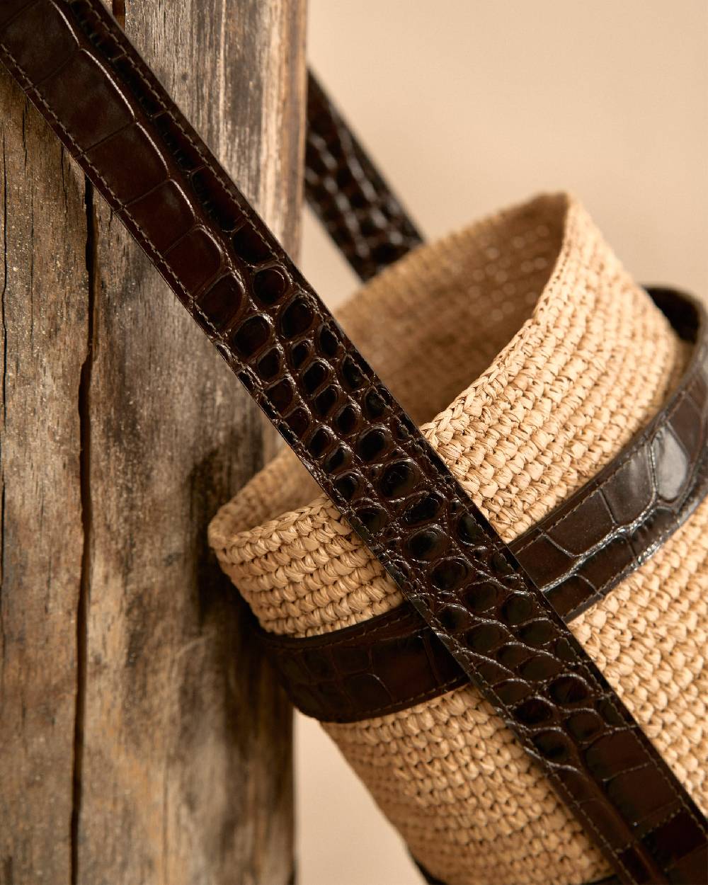 Manebí Bucket Raffia with Leather - Tan and Chocolate Italy