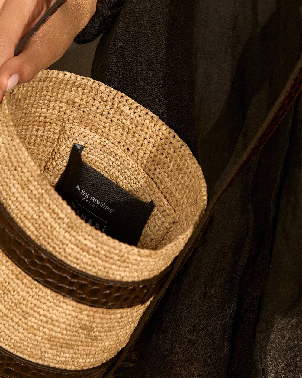 Manebí Bucket Raffia with Leather - Tan and Chocolate Italy