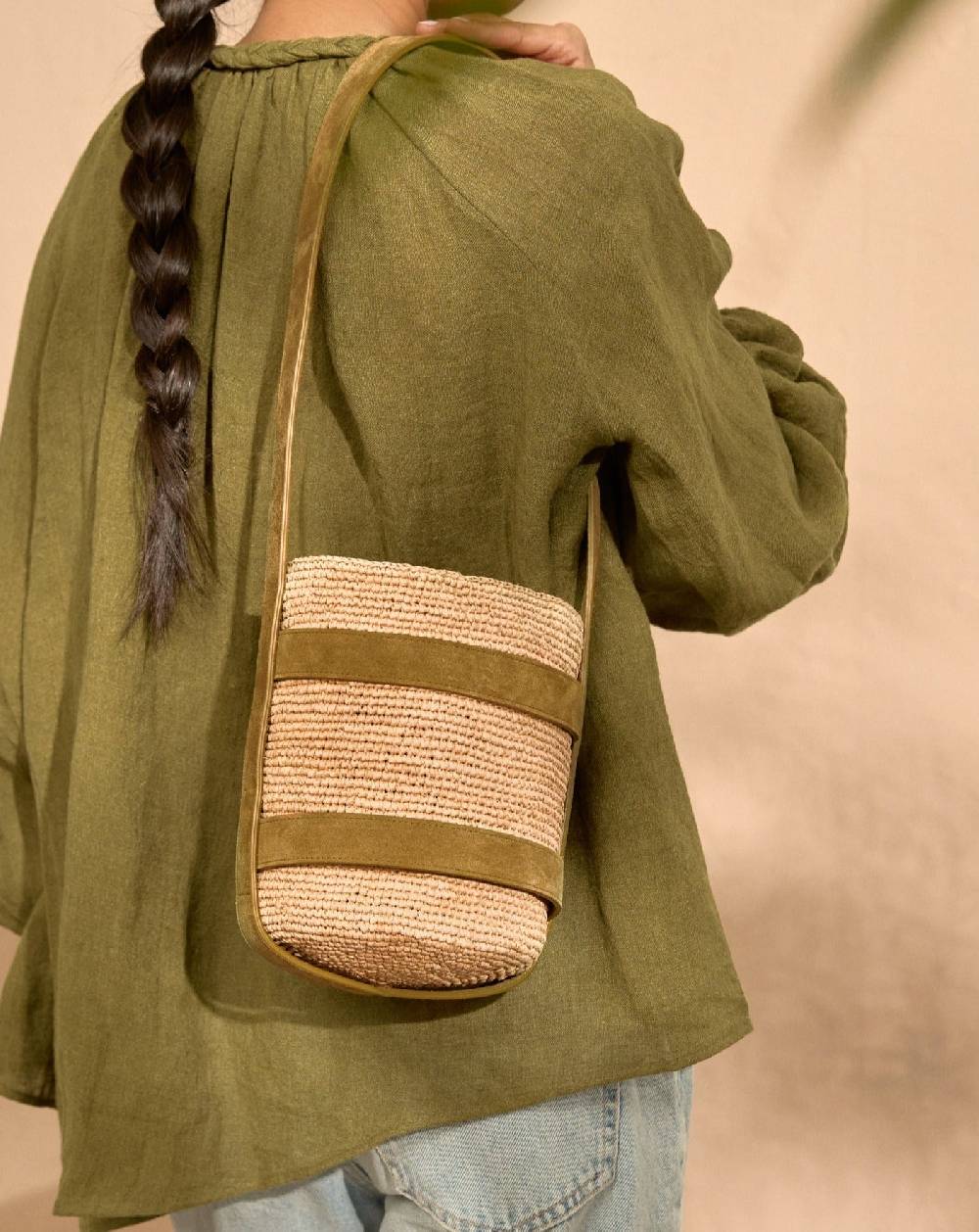 Manebí Bucket Raffia with Suede - Tan and Tobacco Italia