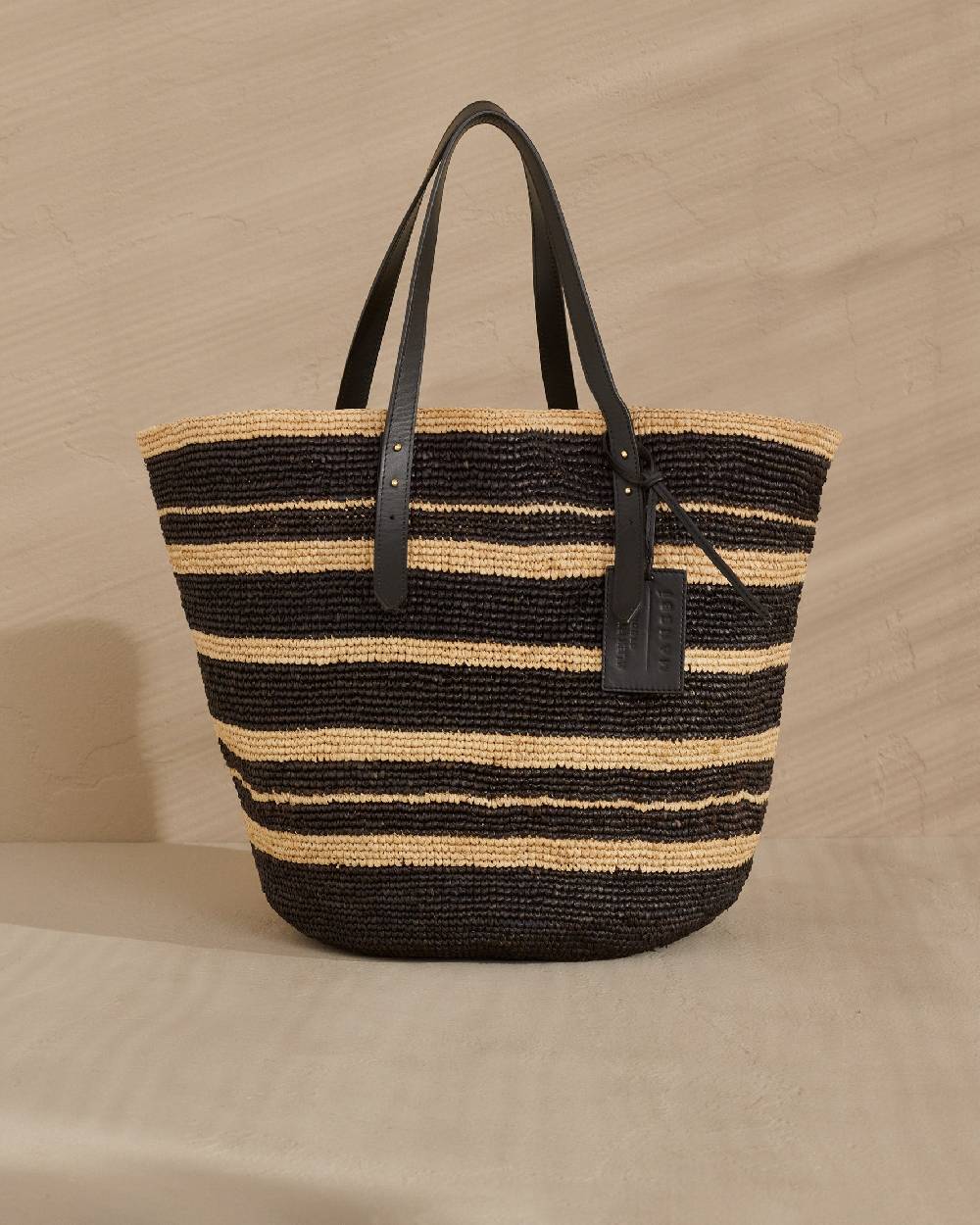 Manebí Bahia Raffia Bag - Leather Handles \u0026 Tag Natural and Black Nuovo