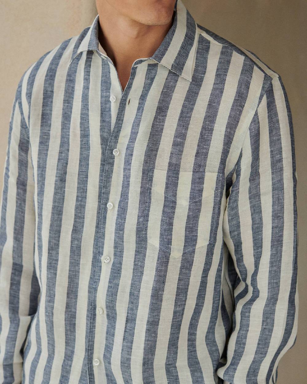 Manebí Linene Panama Shirt - Embroidered Palm Blue Beige Maxi Stripes Grande vendita