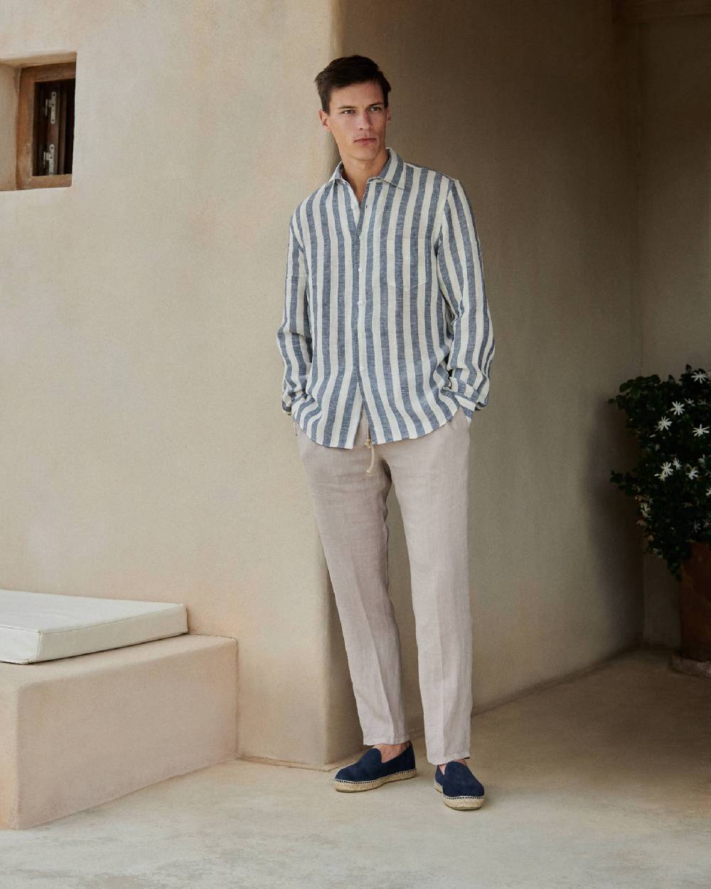 Manebí Linene Panama Shirt - Embroidered Palm Blue Beige Maxi Stripes Grande vendita
