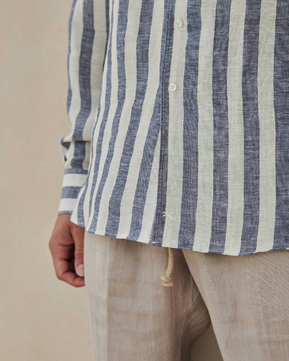 Manebí Linene Panama Shirt - Embroidered Palm Blue Beige Maxi Stripes Grande vendita