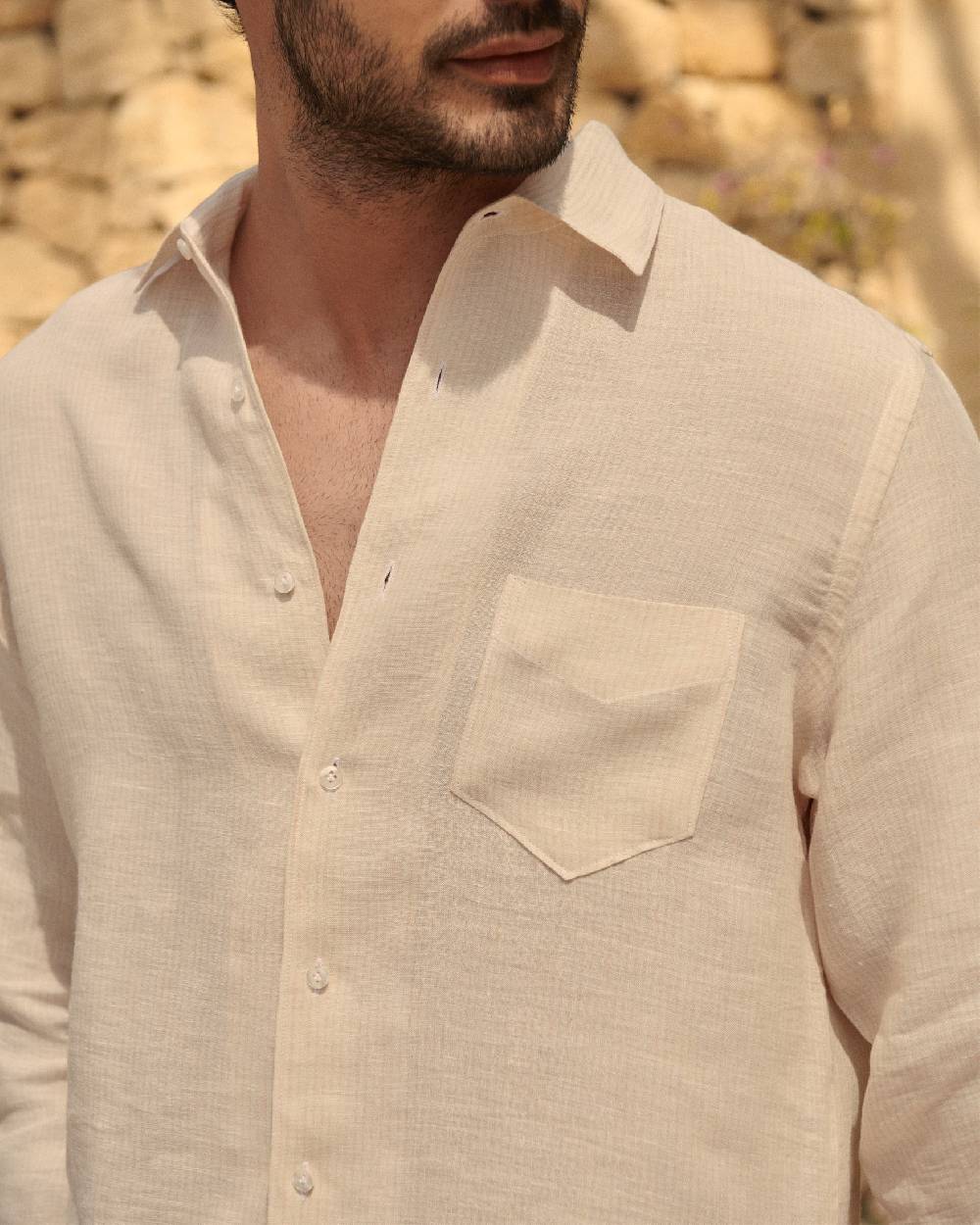 Manebí Linen Panama Shirt - Embroidered Palm Beige And Rose Mini-Mid Stripes Shopping online