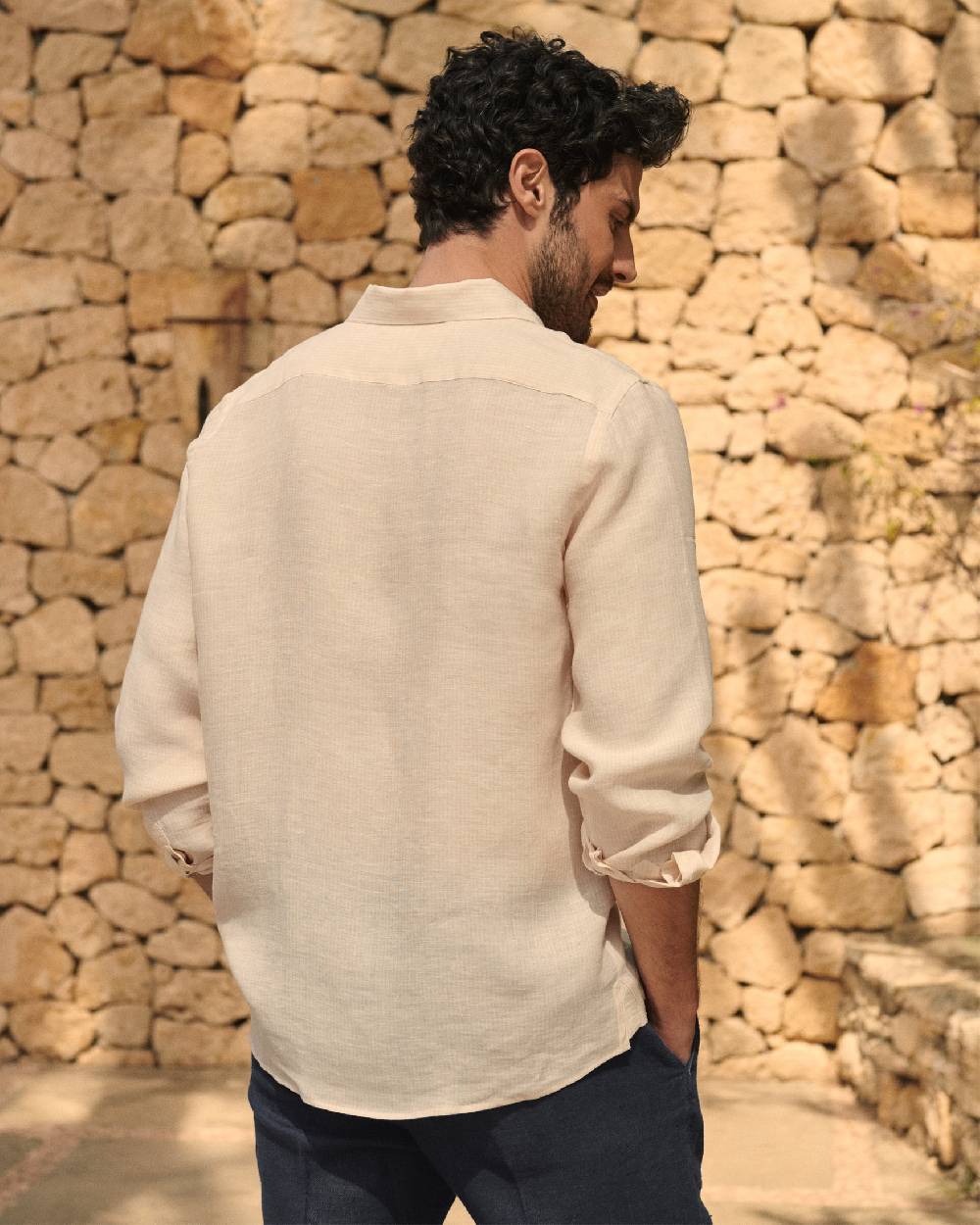 Manebí Linen Panama Shirt - Embroidered Palm Beige And Rose Mini-Mid Stripes Shopping online