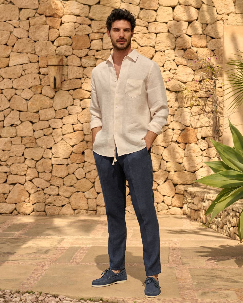 Manebí Linen Panama Shirt - Embroidered Palm Beige And Rose Mini-Mid Stripes Shopping online