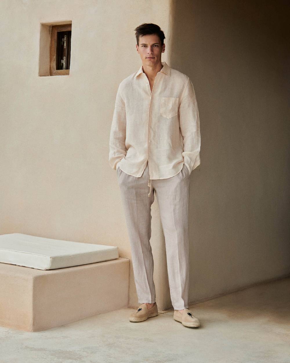 Manebí Linen Panama Shirt - Embroidered Palm Beige And Rose Mini-Mid Stripes Shopping online
