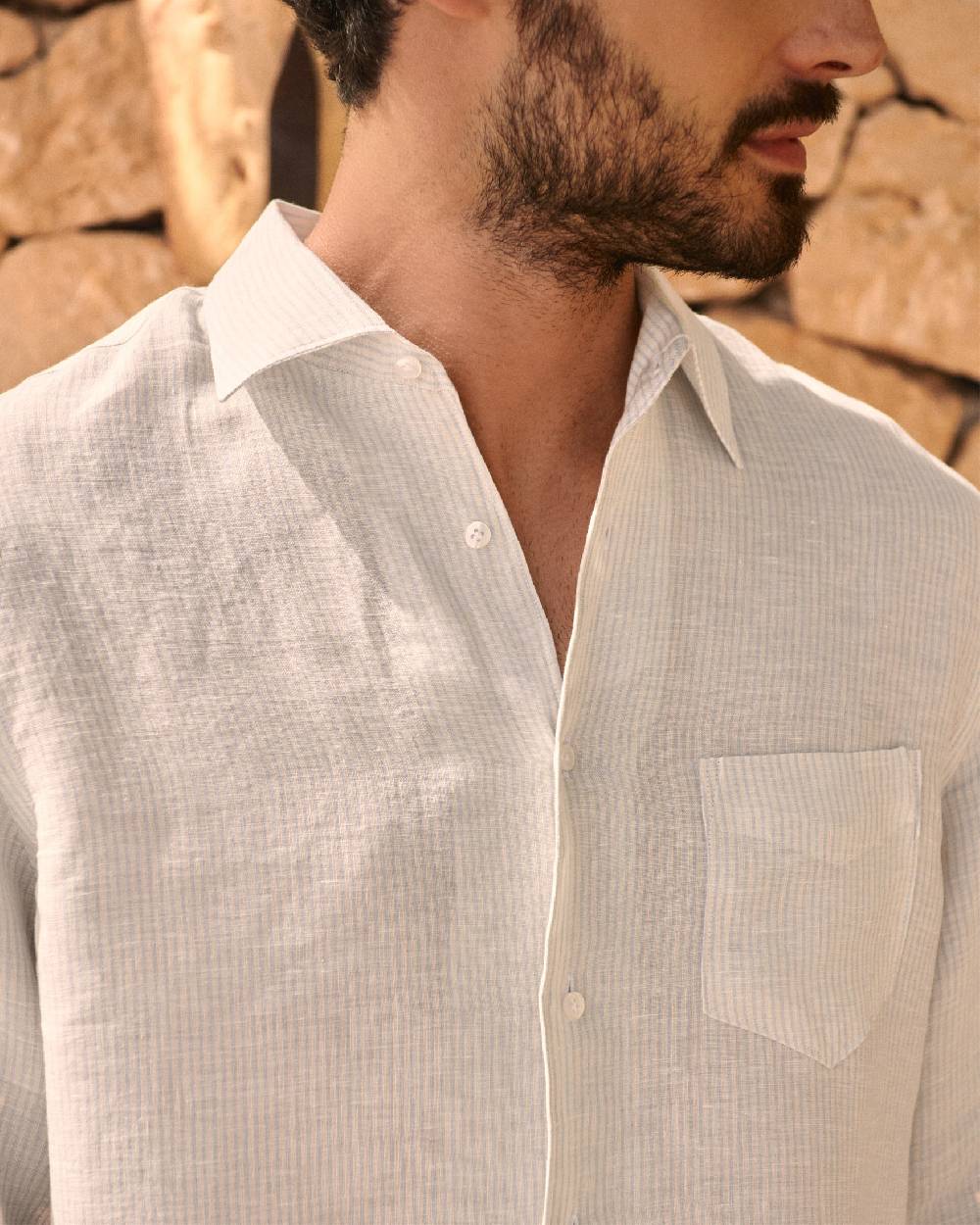 Manebí Linen Panama Shirt - Embroidered Palm Beige And Light Blue Mini-Mid Stripes Offerta esclusiva