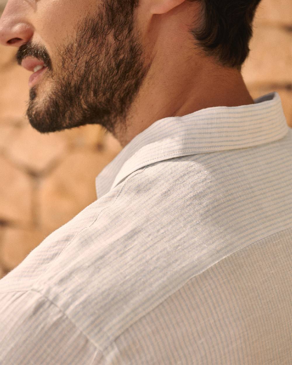 Manebí Linen Panama Shirt - Embroidered Palm Beige And Light Blue Mini-Mid Stripes Offerta esclusiva