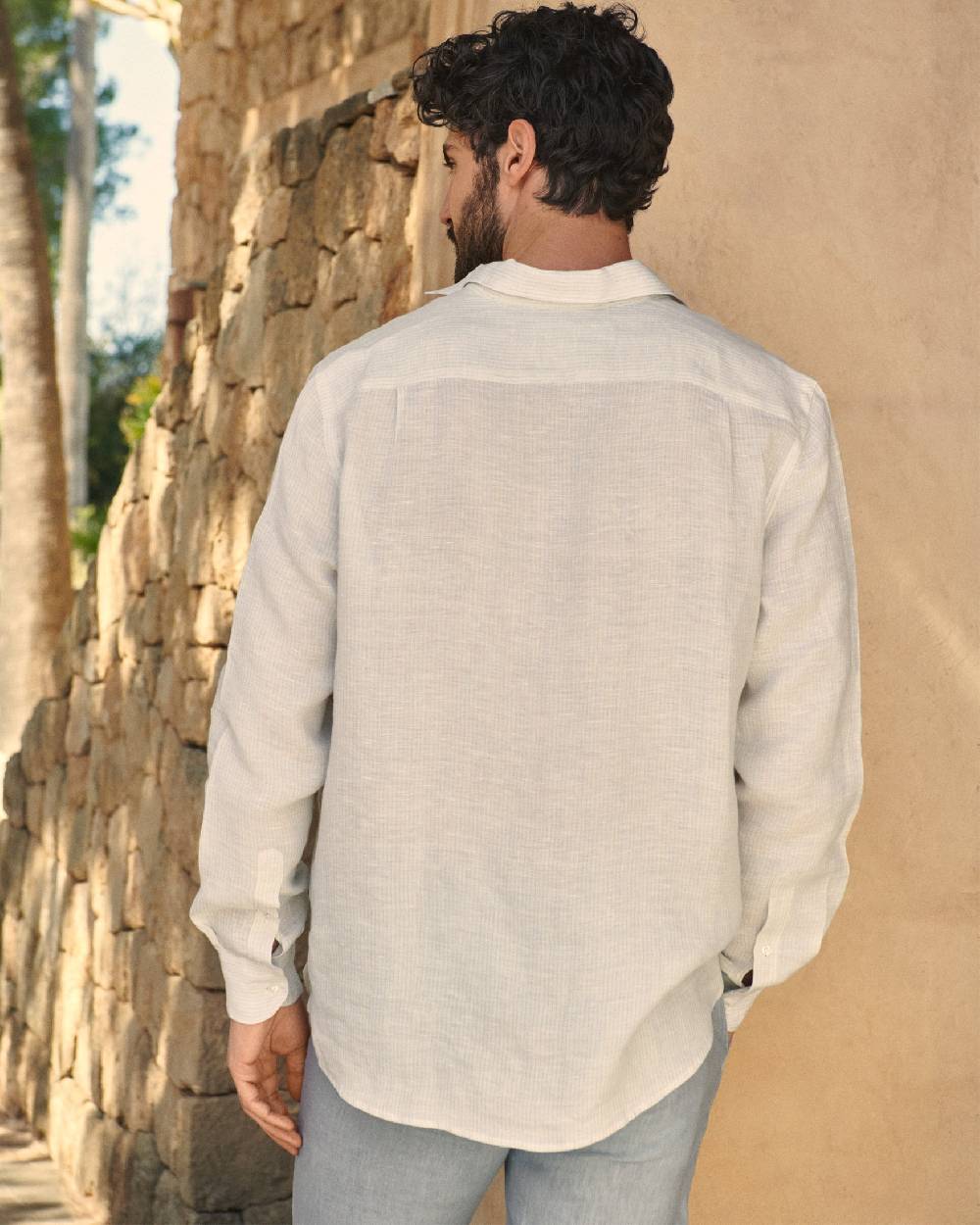 Manebí Linen Nassau Polo Shirt - Embroidered Palm Beige And Light Blue Mini-Mid Stripes Vendite stagionali