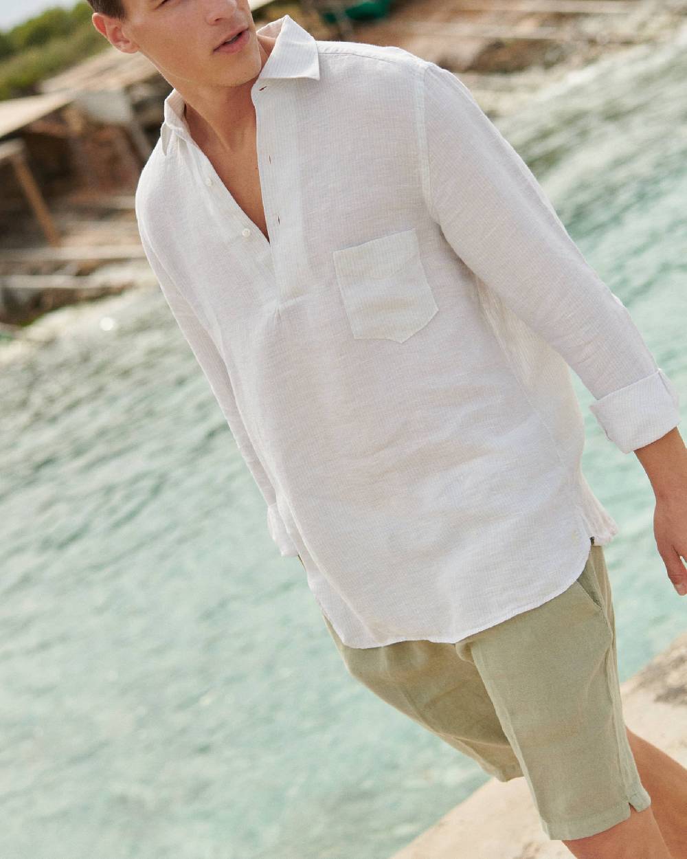 Manebí Linen Nassau Polo Shirt - Embroidered Palm Beige And Light Blue Mini-Mid Stripes Vendite stagionali
