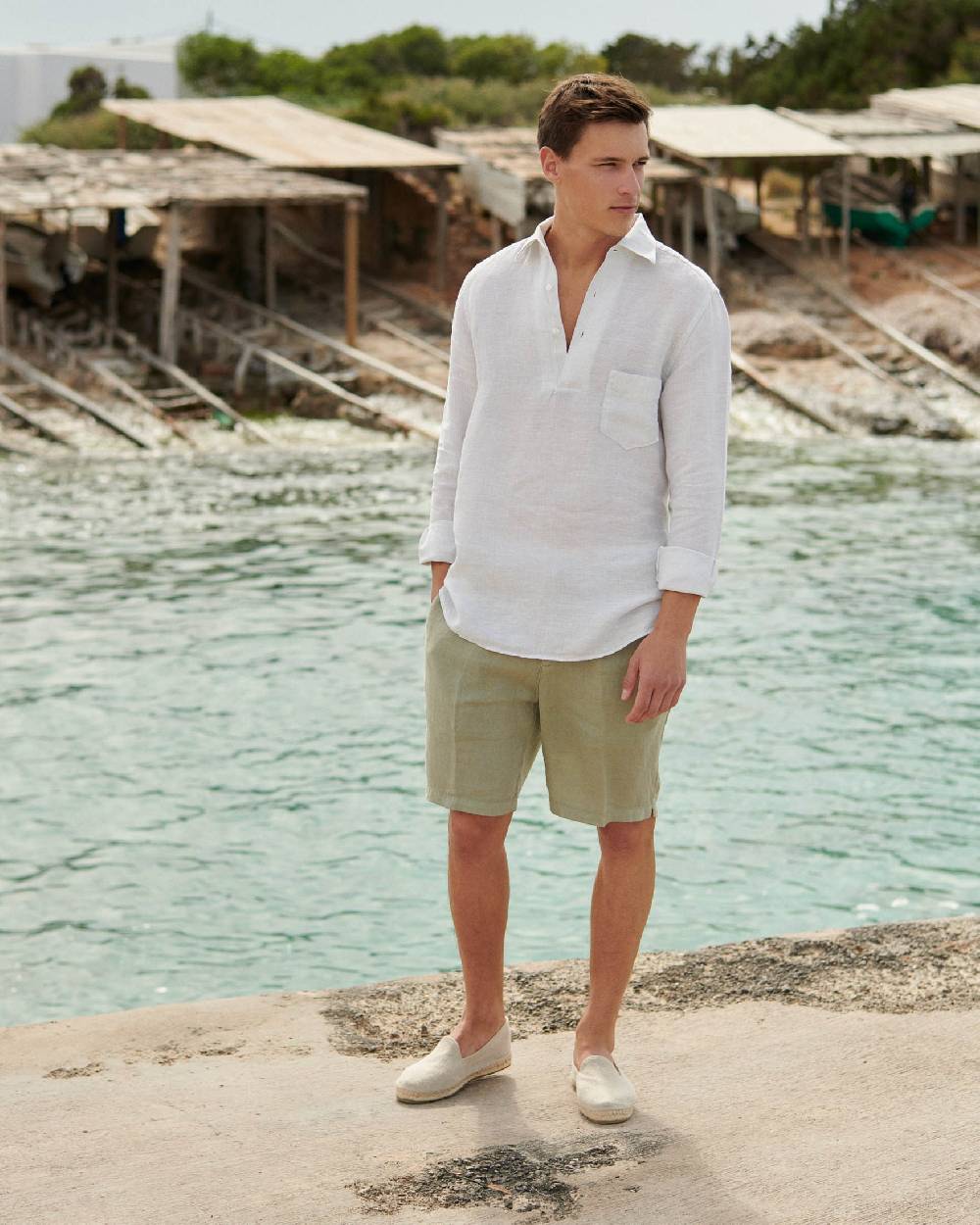Manebí Linen Nassau Polo Shirt - Embroidered Palm Beige And Light Blue Mini-Mid Stripes Vendite stagionali