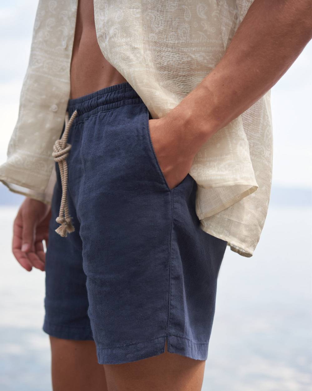 Manebí Washed Linen Malibu Shorts - Embroidered Logo Night Blue Cyber Monday