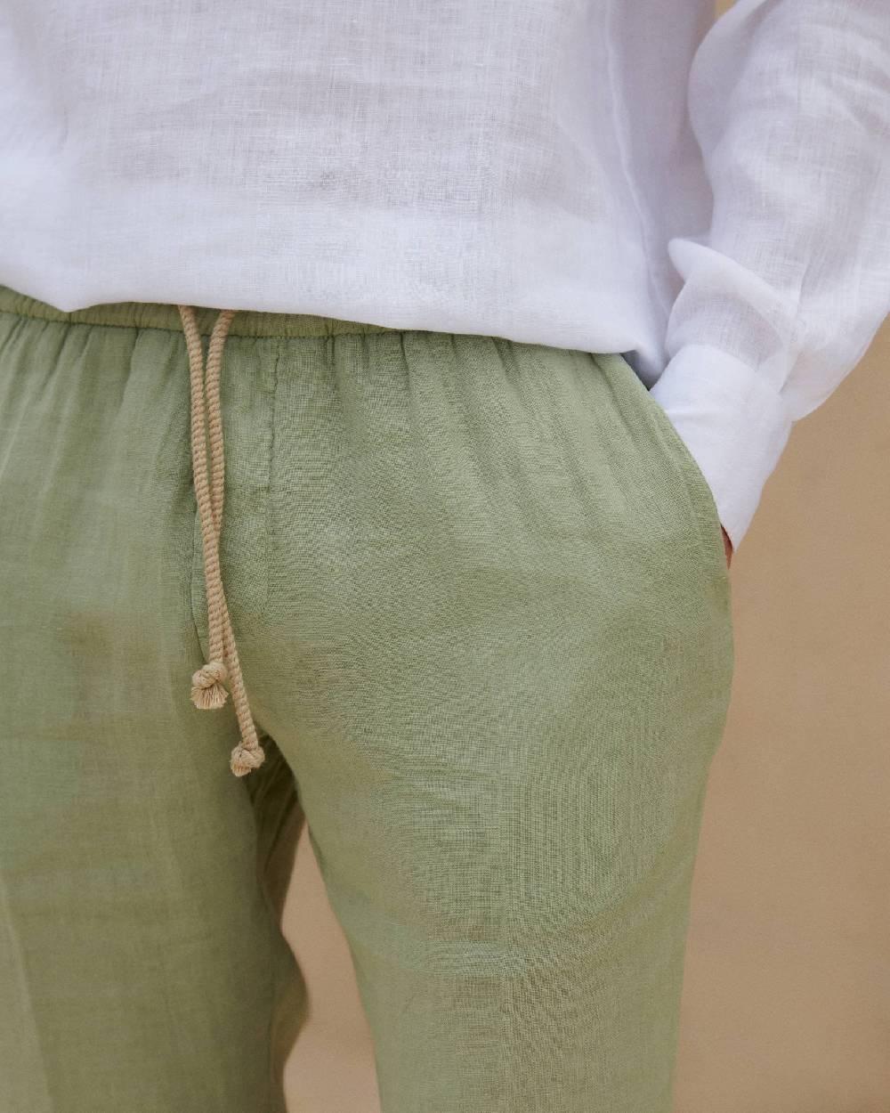 Manebí Washed Linen Venice Trousers - Embroidered Logo Military Green Smaltimento dello stoccaggio