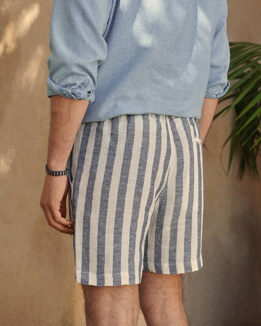 Manebí Light Linen|Malibu Shorts - Embroidered Logo Blue Beige Maxi Stripes Vendita calda
