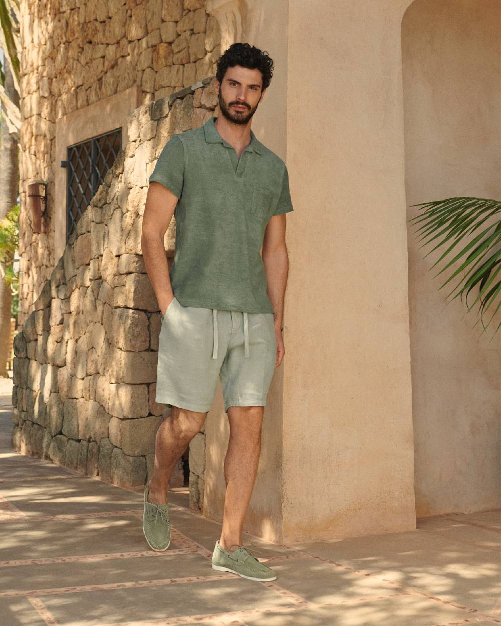 Manebí Washed Linen Positano Shorts - Embroidered Logo Military Green Offerta migliore