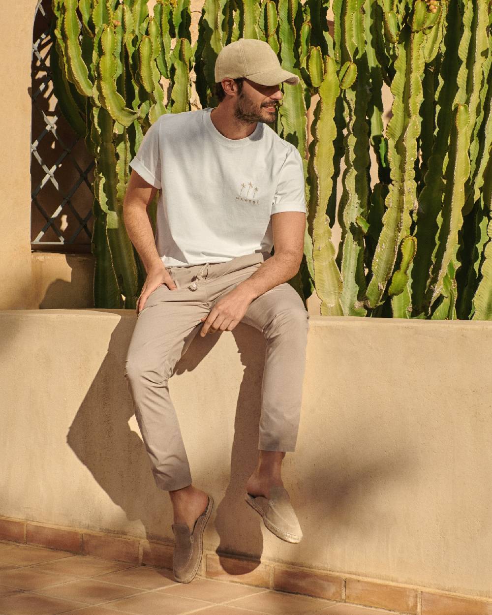 Manebí Jersey L. A. T-Shirt - Embroidered Off White Sand Palms And Logo Embroidery Bestseller