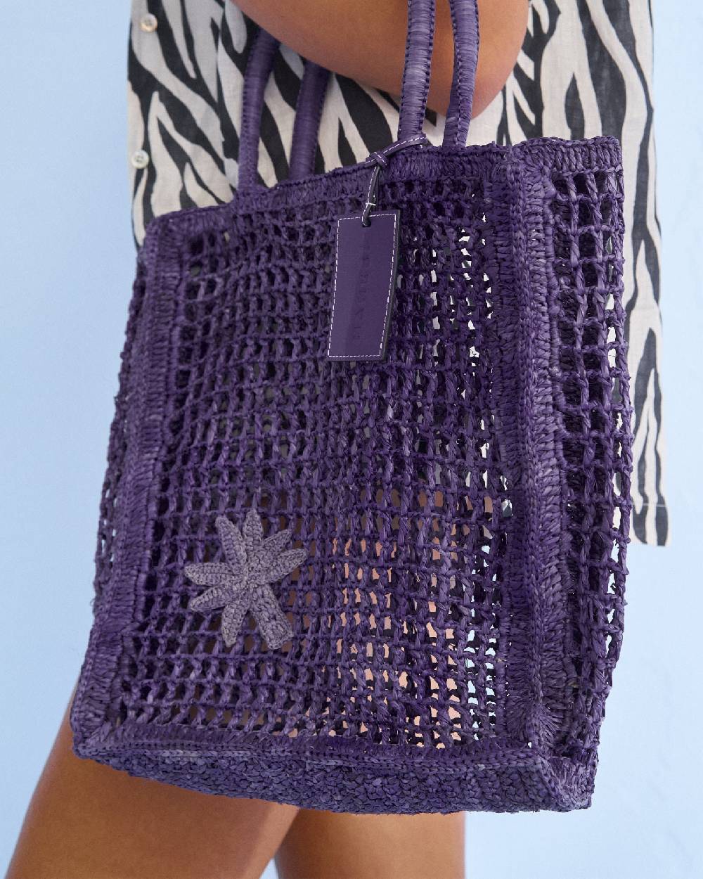 Manebí Raffia Net Bag - Purple Leather Tag Summer Purple with Palm Super sconto