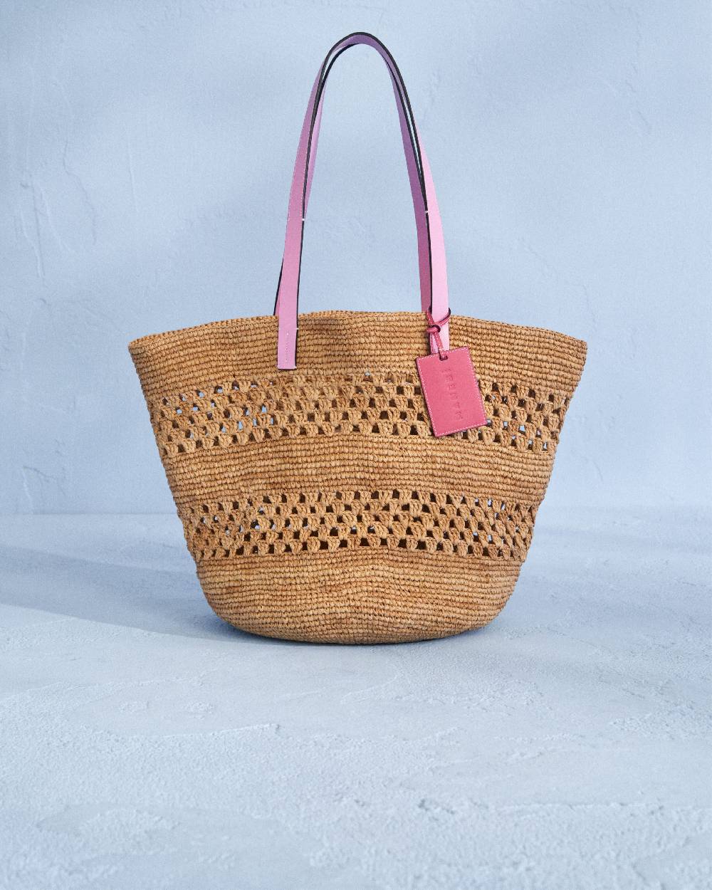 Manebí Raffia Weaving Basket Bag - Fuchsia Leather Tag Tan Enormi sconti