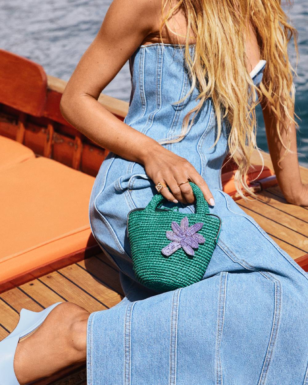 Manebí Raffia and Leather Summer Bag Mini - Cross-body Bag Vitamin Green with Palm