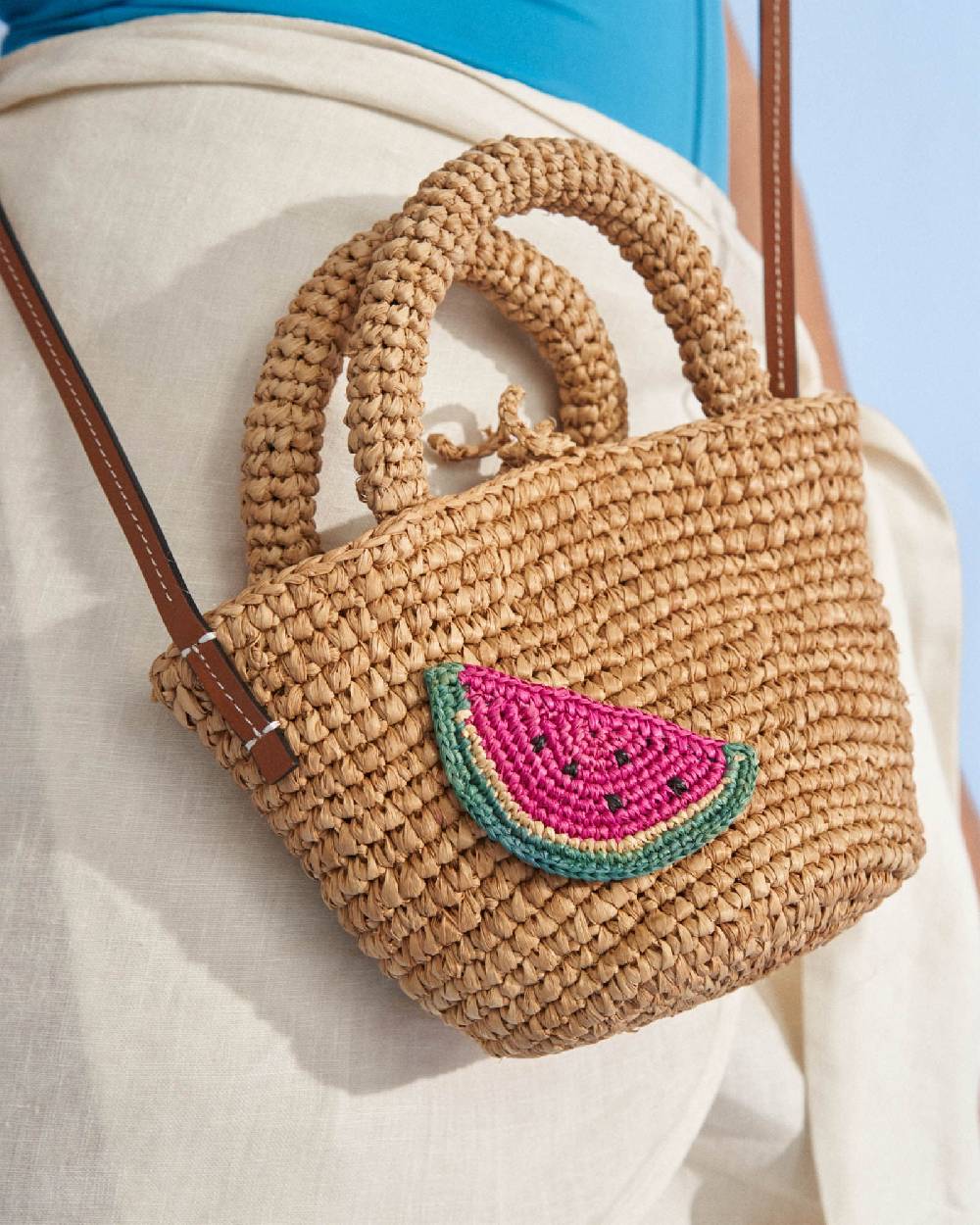 Manebí Raffia and Leather Summer Bag Mini - Cross-body Bag Tan with Watermelon Trasporto libero internazionale