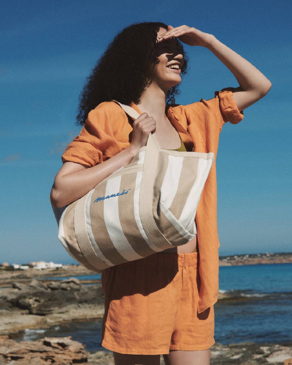 Manebí Canvas Tote Bag - Embroidered Logo White and Beige Stripes