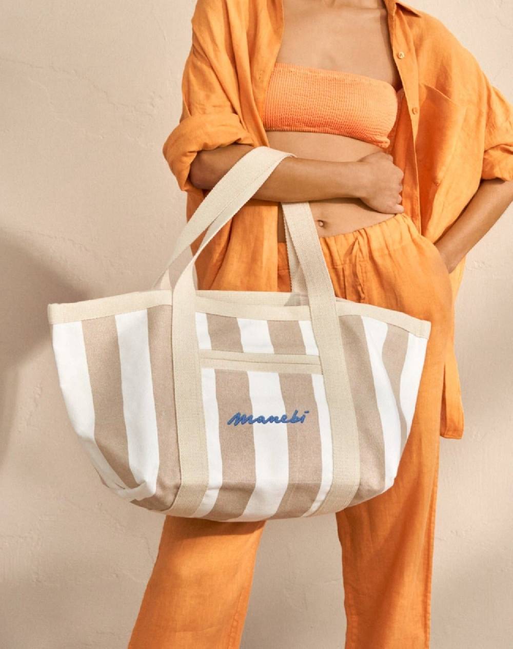 Manebí Canvas Tote Bag - Embroidered Logo White and Beige Stripes Officina