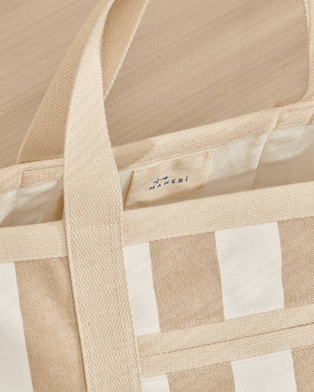 Manebí Canvas Tote Bag - Embroidered Logo White and Beige Stripes Officina