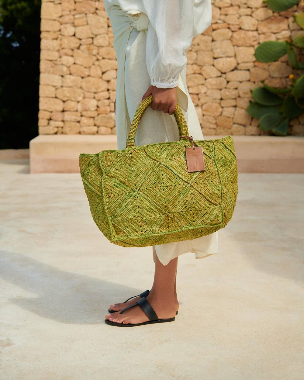 Manebí Raffia Crochet Sunset Bag Large - Leather Tag Kaki Esporta salva