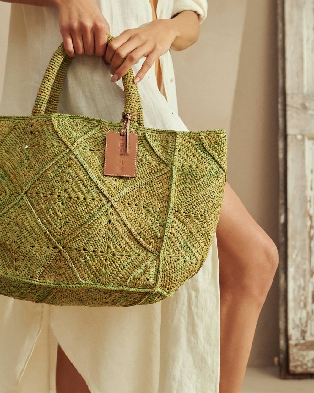 Manebí Raffia Crochet Sunset Bag Large - Leather Tag Kaki Esporta salva