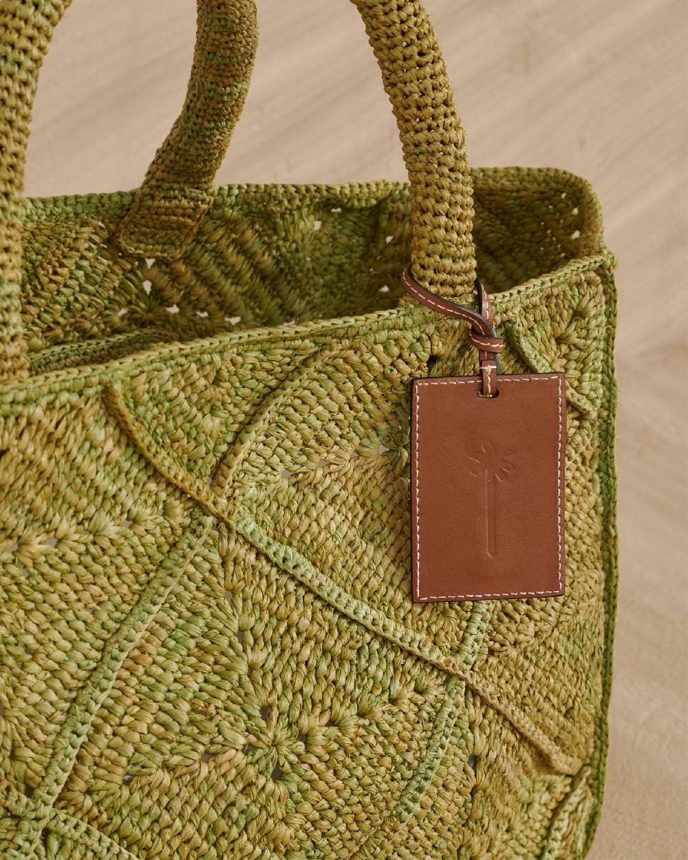 Manebí Raffia Crochet Sunset Bag Large - Leather Tag Kaki Esporta salva