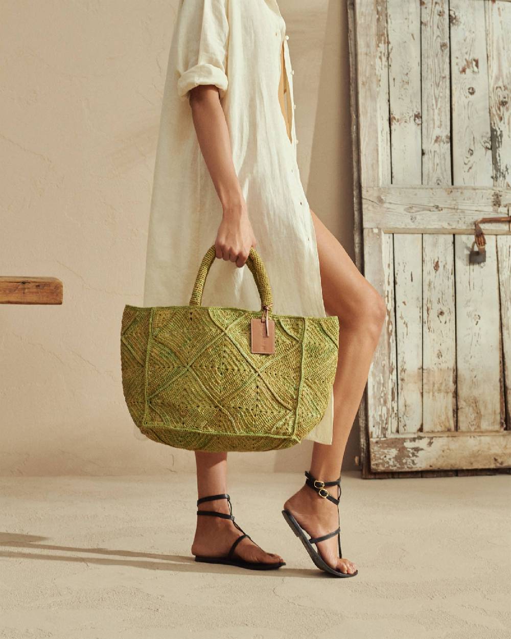 Manebí Raffia Crochet Sunset Bag Large - Leather Tag Kaki Esporta salva