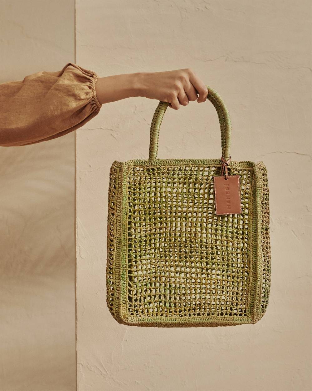 Manebí Raffia Net Bag - Leather Tag Kaki Green In vendita