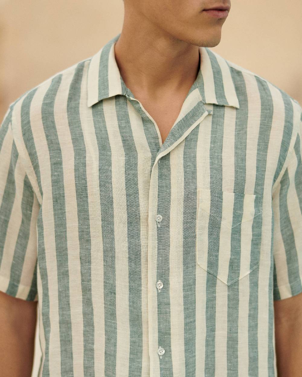 Manebí Linen Havana Camp-Collar Shirt - Embroidered Palm Green Beige Maxi Stripes