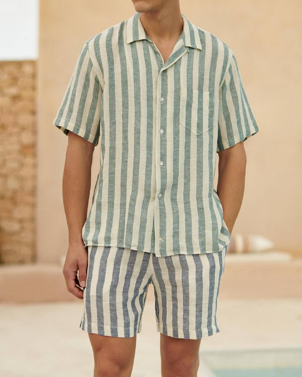 Manebí Linen Havana Camp-Collar Shirt - Embroidered Palm Green Beige Maxi Stripes Fino Al -60%